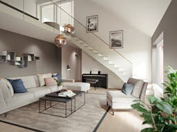 Illustrasjon av stuemiljø med trapp til loftstue og takterrasse i etasjeplan 4, Leilighet A303. Avvik vil kunne forekomme.