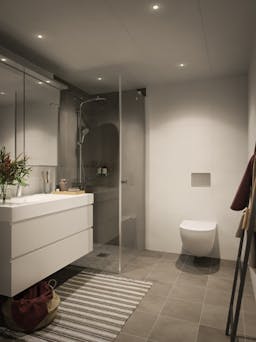 Illustrasjon av baderomsmiljø på hovedbad tilsvarende prosjekterte løsninger for leilighetstypene 03/04/05.